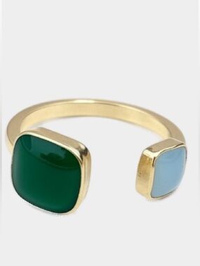Adjustable Boho Enamel Bypass Ring in Gold Tone with Green and Gray Enamel NWOT